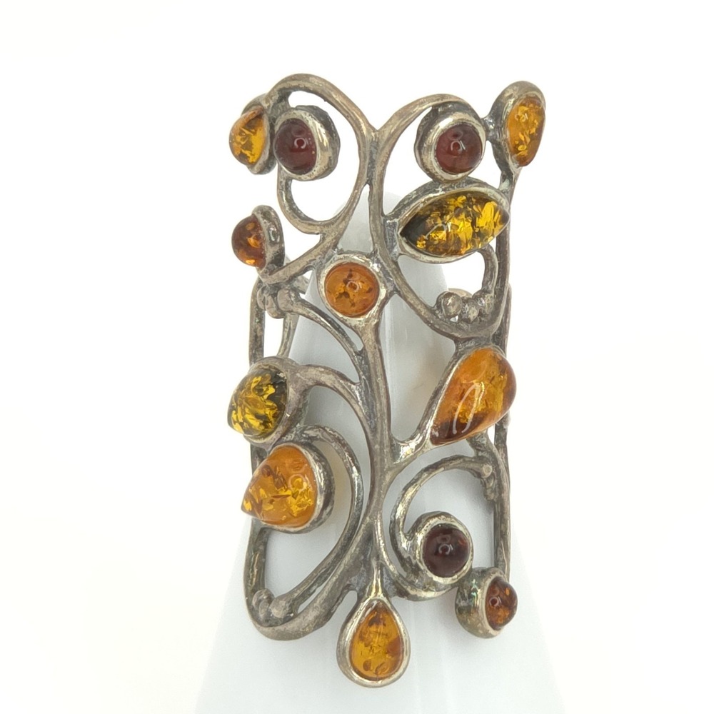 Retro 925 Sterling Silver Amber Open Work Scroll Statement Full Finger Ring vine